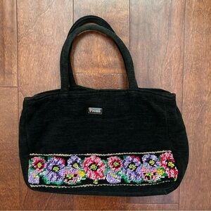 Bohemian Soft Fabric & Embroidery Bag, Black Chenille with Multicolored Flowers